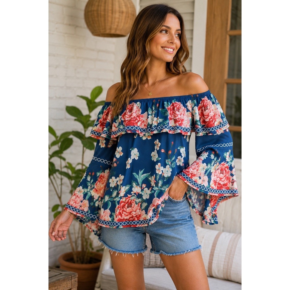 Jealous Tomato Navy Floral Off-Shoulder Ruffle Blouse